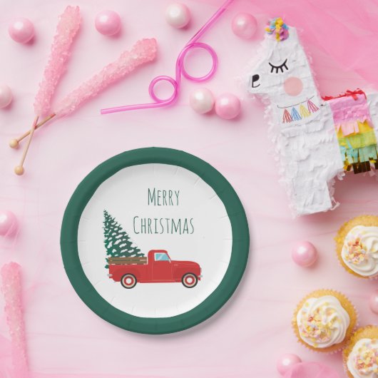 Frohe Weihnachtswagen mit Weihnachtsbaum rot Pappteller (Party)