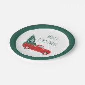 Frohe Weihnachtswagen mit Weihnachtsbaum rot Pappteller (Schrägansicht)