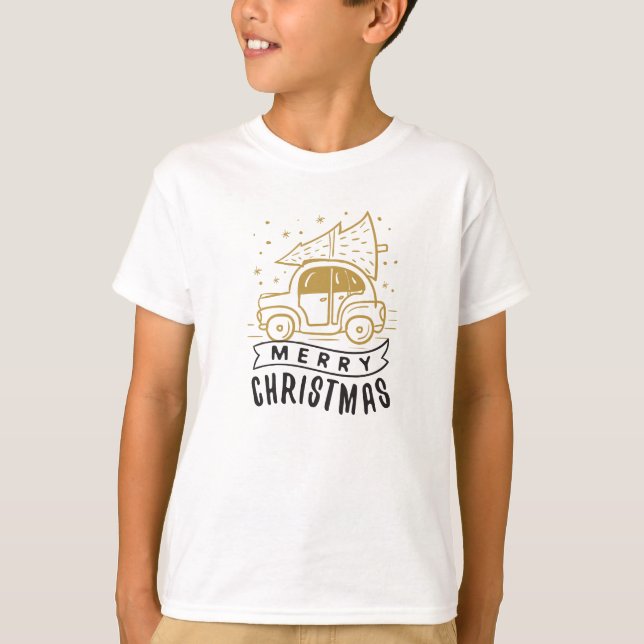 Frohe Weihnachtswagen Tree Gold Black Niedlich T-Shirt (Vorderseite)