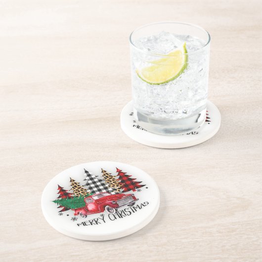 Frohe Weihnachtswagen und Bäume Getränkeuntersetzer (Seite)