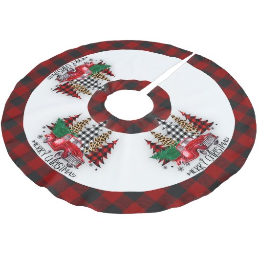 Frohe Weihnachtswagen und Bäume Polyester Weihnachtsbaumdecke (Schrägansicht)