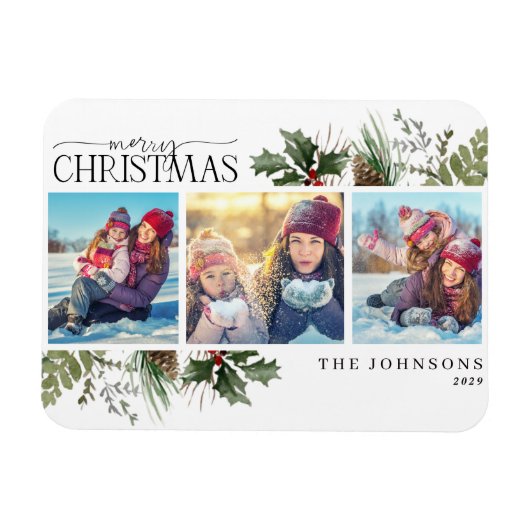 Frohe Weihnachtswälder Berry Pinecone Foto Magnet (Horizontal)