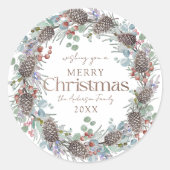 Frohe Weihnachtswasserfarbe Botanischer Kranz Runder Aufkleber (Vorderseite)