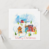 Frohe Weihnachtswasserfarbe schneebedeckte Stadt Karte (Vorderseite/Rückseite Beispiel)