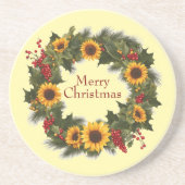 Frohe Weihnachtswein Sonnenblume Wreath Holly Joy Getränkeuntersetzer (Vorne)