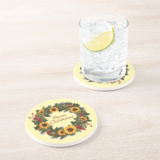 Frohe Weihnachtswein Sonnenblume Wreath Holly Joy Getränkeuntersetzer (Seite)
