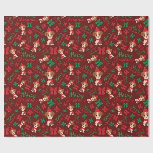 Frohe Weihnachtswelpen Rote & Grüne Bows Nahtlos Geschenkpapier (Flach)