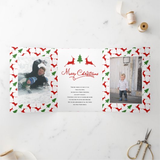 Frohe Weihnachtswilde und Baum, Foto Collage Dreifach Gefaltete Urlaubskarte (Innenseite)
