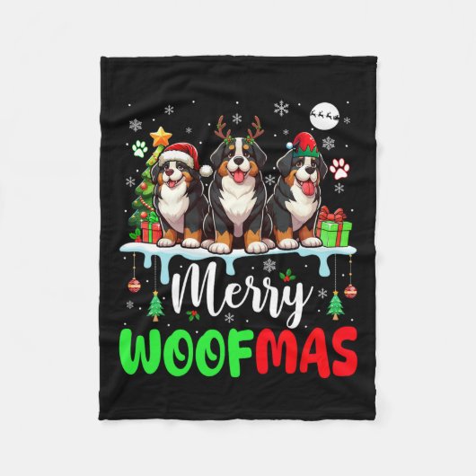 Frohe Weihnachtswoof Three Santa Reindeer Bernese Fleecedecke (Vorderseite)
