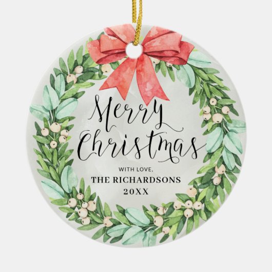 Frohe Weihnachtswraath Red Bow Family Foto Keramik Ornament (Vorne)