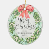 Frohe Weihnachtswraath Red Bow Family Foto Keramik Ornament (Links)