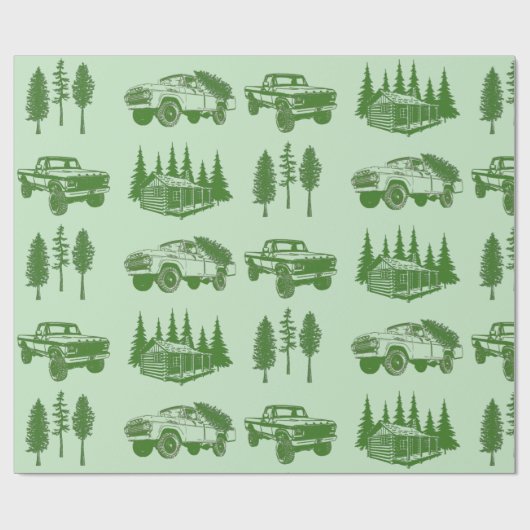 Frohe Weihnachtswrapping Paper Truck, Tree & Cabin Geschenkpapier (Flach)