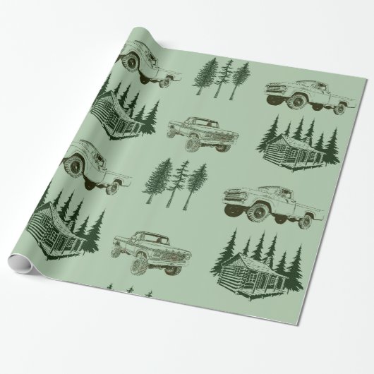 Frohe Weihnachtswrapping Paper Truck, Tree & Cabin Geschenkpapier (Ungerollt)