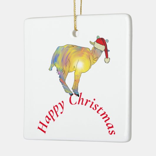 Frohe Weihnachtsziege in Weihnachtsmannmütze Keramikornament (Links)