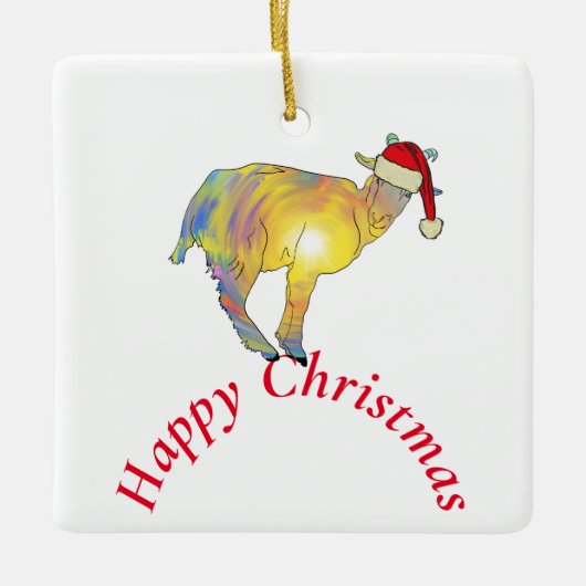 Frohe Weihnachtsziege in Weihnachtsmannmütze Keramikornament (Vorderseite)