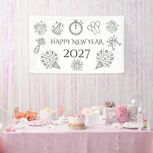 Frohe Whimsical Doodles Schwarzer Text Neujahr 202 Banner (Party)