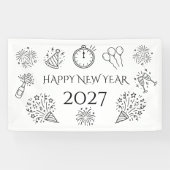 Frohe Whimsical Doodles Schwarzer Text Neujahr 202 Banner (Horizontal)