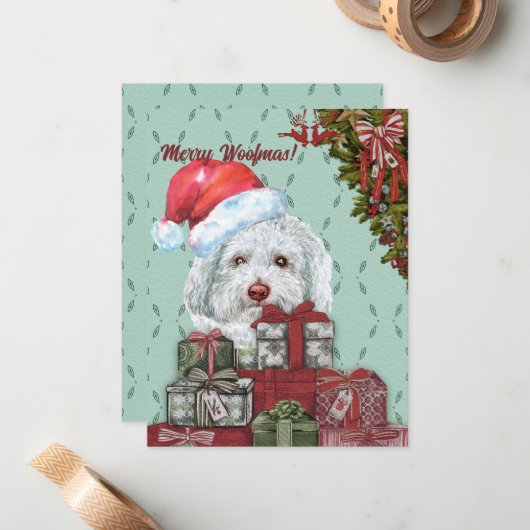 Frohe Wölfe! White Poodle Weihnachtsmannmütze Weih Mitteilungskarte (Vorderseite/Rückseite Beispiel)