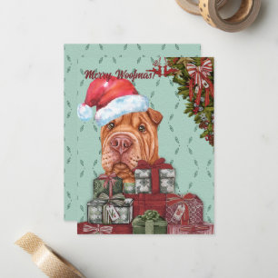 Frohe Woofmas! Cute Sharpei Weihnachtsmann Hut Wei Mitteilungskarte