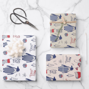 Frohe Xmas Pinguin Weihnachten HAT Gloves Muster Geschenkpapier Set