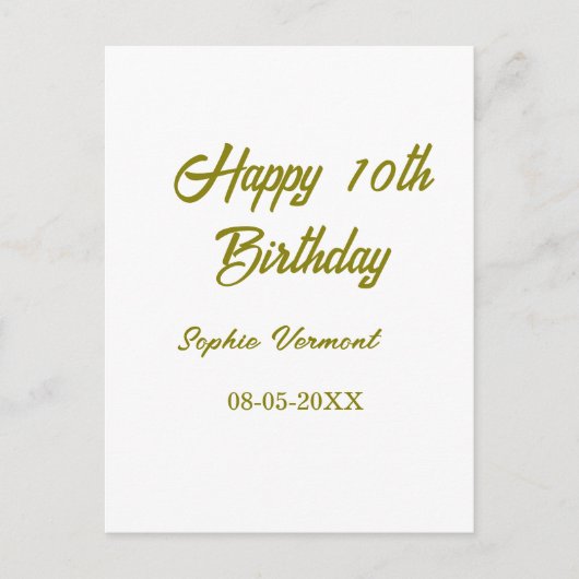 Frohen 10. Geburtstag Name Datum golden einfache M Postkarte (Vorderseite)