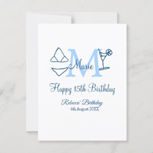 Frohen 15. Geburtstag blaue Monogramm-Bikini Postkarte