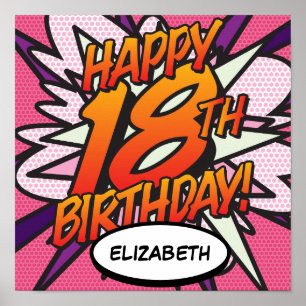 FROHEN 18. GEBURTSTAG Comic- Pop-Art rosa Poster