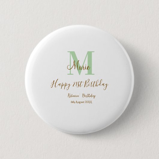 Frohen 21. Geburtstag grün Name Monogramm braun Button (Vorderseite)