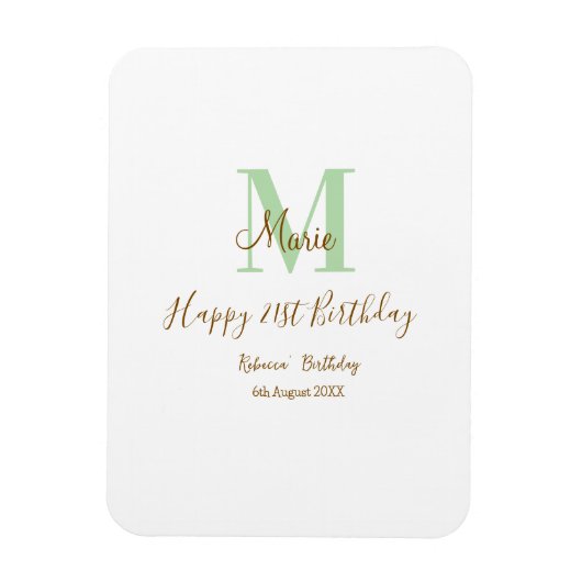 Frohen 21. Geburtstag grün Name Monogramm braun  Magnet (Vertikal)