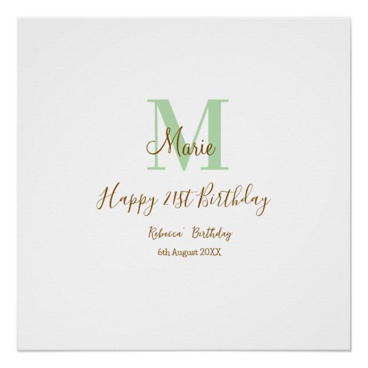 Frohen 21. Geburtstag grün Name Monogramm braun Poster (Vorderseite)