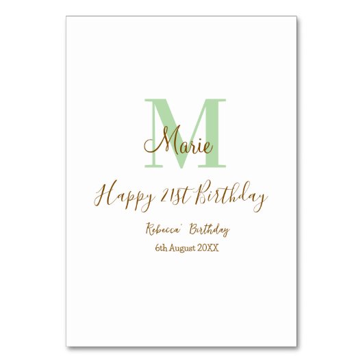 Frohen 21. Geburtstag grüner Name Monogramm braun  Tischnummer (Vorderseite)