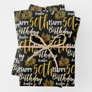 Frohen 50. Geburtstag Schwarzes Goldlaub Geschenkpapier Set