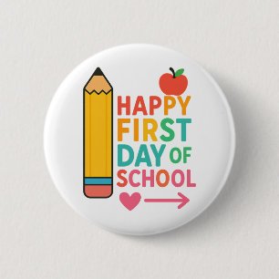 Frohen ersten Schultag Bunter Apfel Bleistift Button