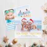 Frohen Festtage Funny Beach Feiertagskarte<br><div class="desc">Schnelle und einfache Bestellung! Feiern Sie Weihnachten an der Küste oder gehen Sie zum Strand für die Ferien? Sie werden Ihren Freunden und Familienmitgliedern ein Lächeln bringen, wenn Sie ihnen diese "Sea-Sands Grußkarte" schicken. Mit einem lustigen Pun, dieses nautische Urlaubsdesign mit blauen Streifen, Goldtypografie und Raum für 3 Fotos. Diese...</div>