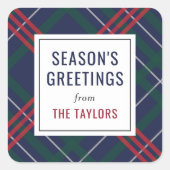 Frohen Festtage Navy Tartan Karierte Gewohnheitsfa Quadratischer Aufkleber (Vorderseite)