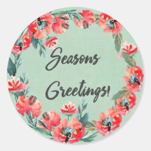 Frohen Festtage Red Floral Watercolor Kranz Runder Aufkleber