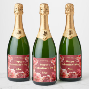 Frohen Galentine's Day Karmesinrote Florale Gold Schaumweinetikett