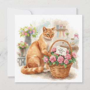 Frohen Muttertag, rote Katze arrangiert Blumen Feiertagskarte