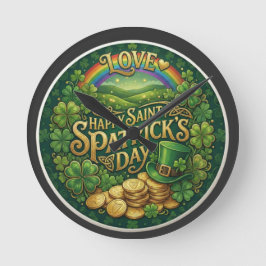 Frohen St. Patrick’s Tag Liebe Herz Regenbogen Sha Runde Wanduhr