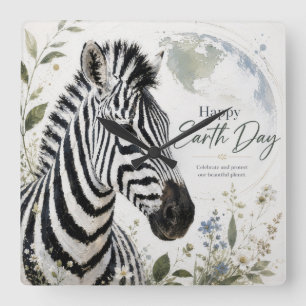Frohen Tag der Erde Zebra-Wildtiere Quadratische Wanduhr