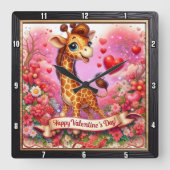 Frohen Valentinstag Giraffe Quadratische Wanduhr (Vorderseite)