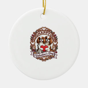 Frohen Valentinstag Hund Rotes Herz Floral Rahmen_ Keramik Ornament