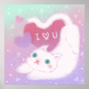 Frohen Valentinstag mit flauschiger weißer Katze Poster