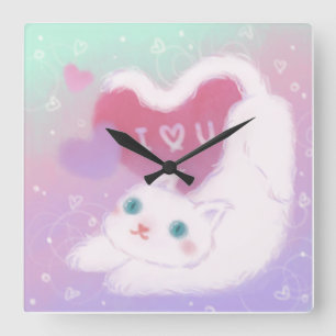 Frohen Valentinstag mit flauschiger weißer Katze Quadratische Wanduhr