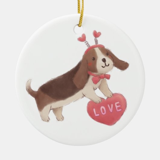 Frohen Valentinstag mit Welpe Keramik Ornament (Vorne)