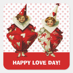 Frohen Valentinstag. Vintage Kinder Clowns Quadratischer Aufkleber