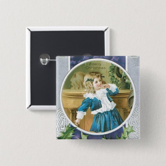 "Frohen Weihnacht-" Mädchen im Blau Button (Vorne & Hinten)