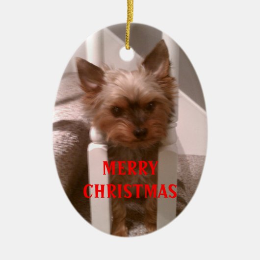 Frohen Yorkie Weihnachten Keramik Ornament (Vorne)