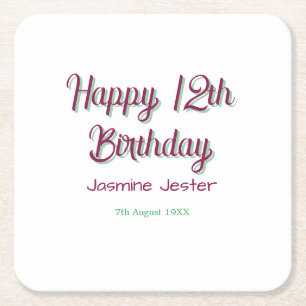 froher 12. Geburtstag grün pink Name Datum einfach Rechteckiger Pappuntersetzer