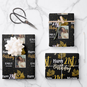 Froher 21. Geburtstag Schwarz-Gold-Laub-Foto Geschenkpapier Set